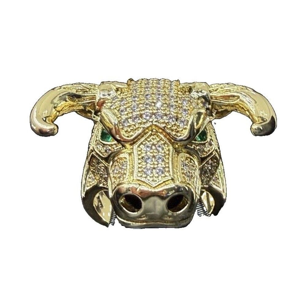 14K Gold Bull Head Pavé Clear & Green CZ Statement Cocktail Ring Sz 7